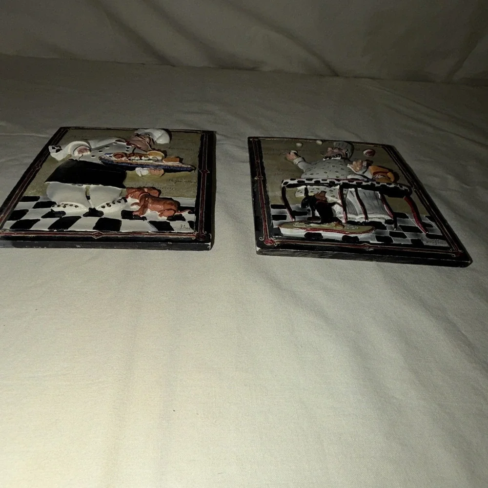 Set of 2 Chef Kitchen Wall Plaques 3D Relief Hanging 7x5 Multicolor